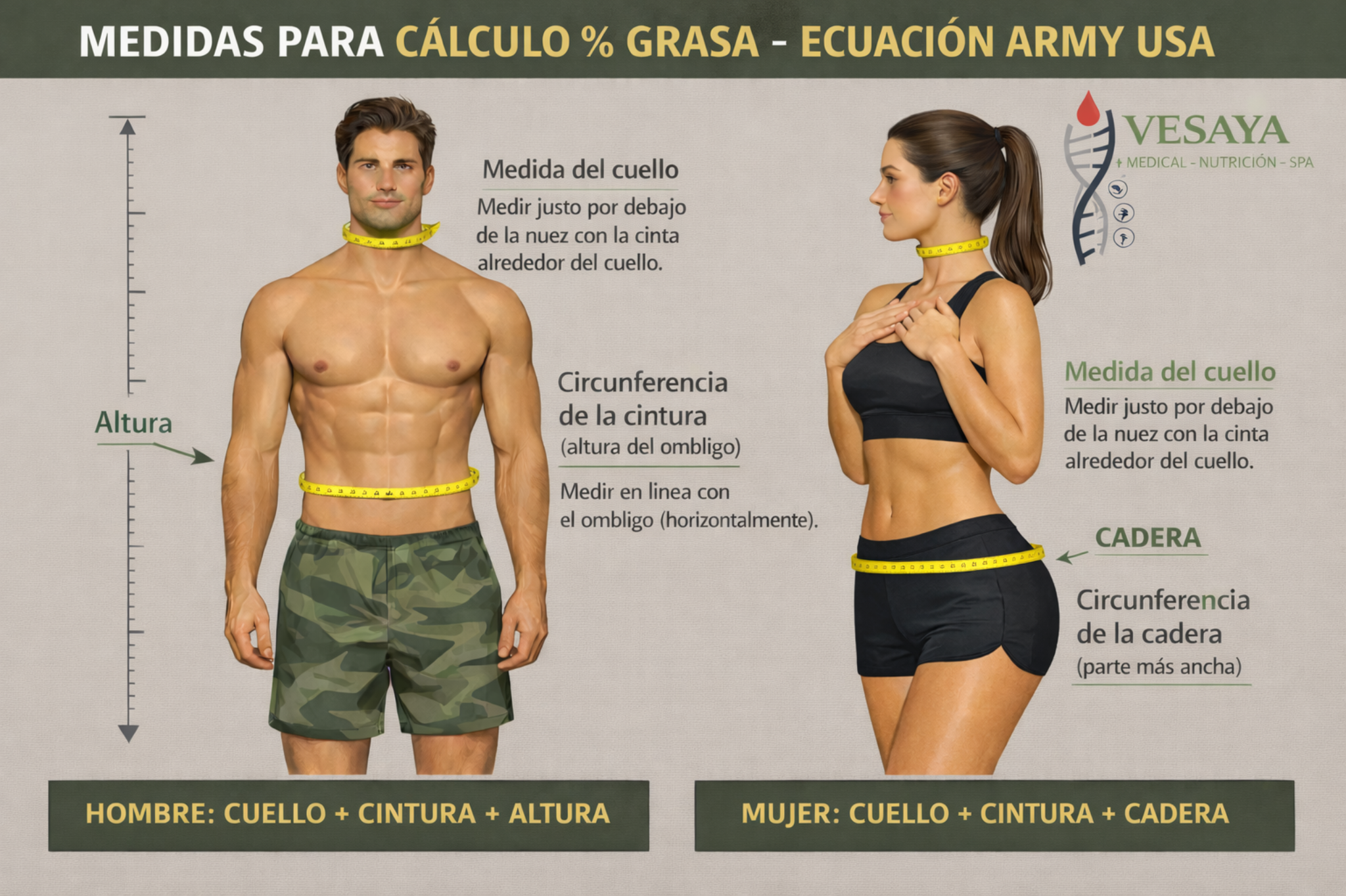 Guía de medidas para cálculo de % grasa (Army USA / Navy)